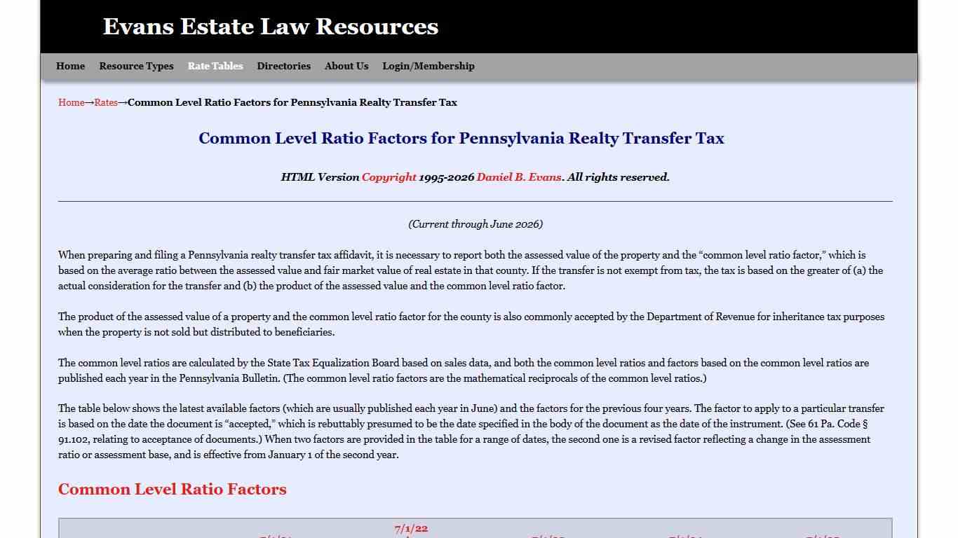 Common Level Ratio Factors for Pennsylvania Realty Transfer Tax Evans Estate Law Resources