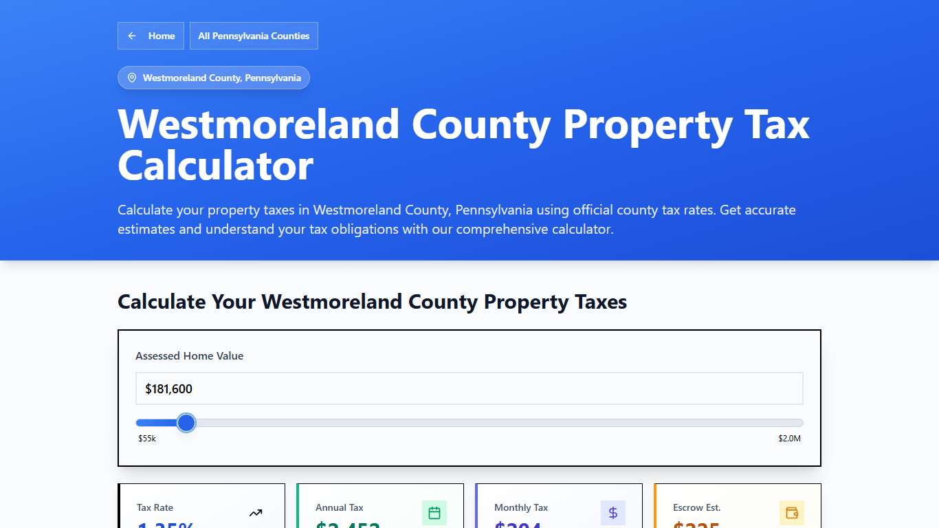 Westmoreland County, PA Property Tax Calculator 2025-2026